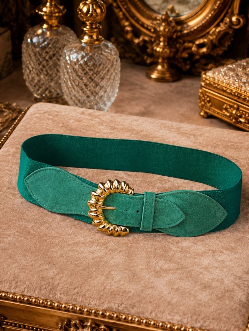 Vintage 80s Emerald Green Suede & Stretch Belt Gold Statement Buckle 30–34"